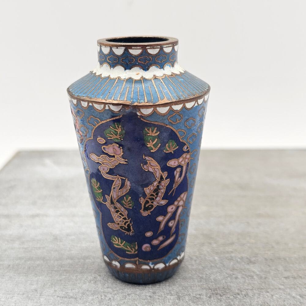 Chinese Cloisonne Enamel Miniature Vase Turquoise Koi Fish Asian Decor